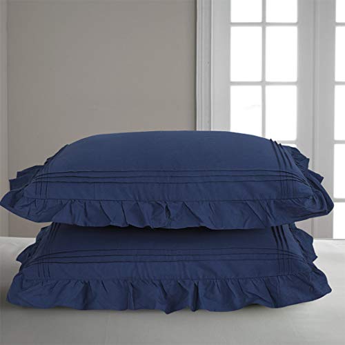 YINFUNG Ruffled Pillow Shams Cotton Navy Blue Lace Pillowcases Shabby Chic Victorian Country Set of 2 Pillow Cover Standard Princess Frilly Protector Pintuck Pretty Cute 20x26
