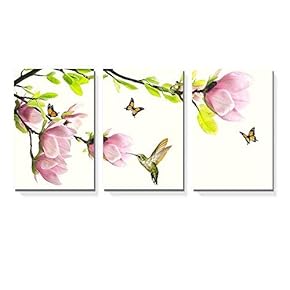 3 Panel Canvas Wall Art - Pink Magnolia Flowers with Birds and Butterflies - Giclee Print Gallery Wrap Modern Home Art Ready to Hang - 16"x24" x 3 Panels