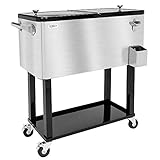 VINGLI 80 Quart Rolling Ice Chest on Wheels, Portable Patio Party Bar Drink Cooler Cart, with Shelf, Beverage Pool with Bottle Opener,Water Pipe and Cover