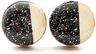 Black with metallic silver specks and natural wood stud earrings 10mm