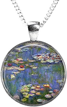Rosetta London WATERLILIES Claude Monet - Glass Art Pendant on Chain – Silver Plated (Print Picture Photo N1)