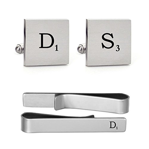 MUEEU Engraved Cufflink Initial Tile Greek Alphabet Personalized Monogram Name Letter Tie Clip Tack (Square Cufflinks and Tie CLIPS)