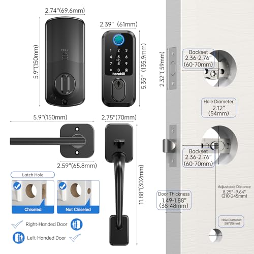 Front Door Lock and Handle Set, Hornbill WiFi Fingerprint Door Lock, Smart Keyless Entry Electronic Keypad Deadbolt for Front Door, Compatible with Alexa, Auto Lock, Matte Black