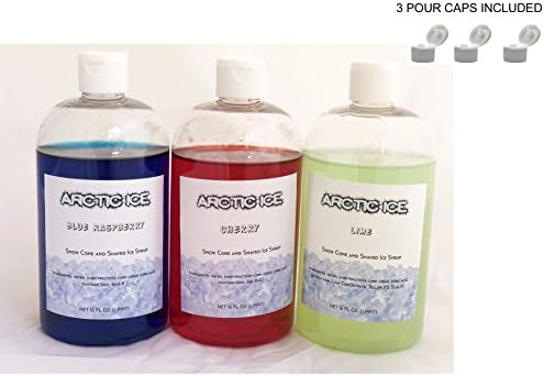 Arctic Ice 3 Flavor Pack of Shaved Ice Syrup – Cherry, Lime &amp; Blue Raspberry (16oz.) Each Shaved Ice Syrup for Commercial or Household Use