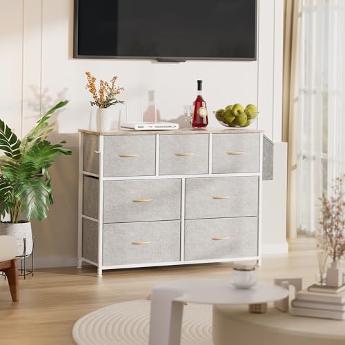 PURFINO Fabric Chest of Drawers - Fabric Chest of Drawers with 7 Large Drawers, Labels, Side Pocket and Hook for Living Room, Hallway, Bedroom (Light Grey)