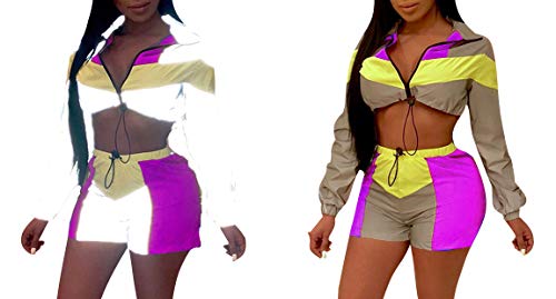 ECHOINE Women's Sexy Bodycon Jumpsuits 2 Piece Outfits Long Sleeve Jacket Short Pants Tracksuit Set Plus Size Purple S