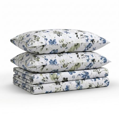 Tribeca Living Full Size Bed Sheet Set, 300 Thread Count Soft Cotton Sateen, Floral Print with Extra Deep Pockets, 4-Piece Bedding Set, Amalfi Blue/Multicolor