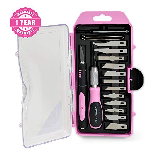 Pink Power Craft Hobby Knife Set with Blades, Screwdriver & Tweezers for Scrapbooking & Art Creation (18 Piece)