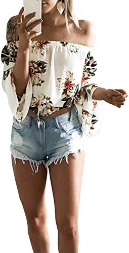 FELACIA Women's Fashion Off Shoulder Tops Sexy Floral Print Crop Tops