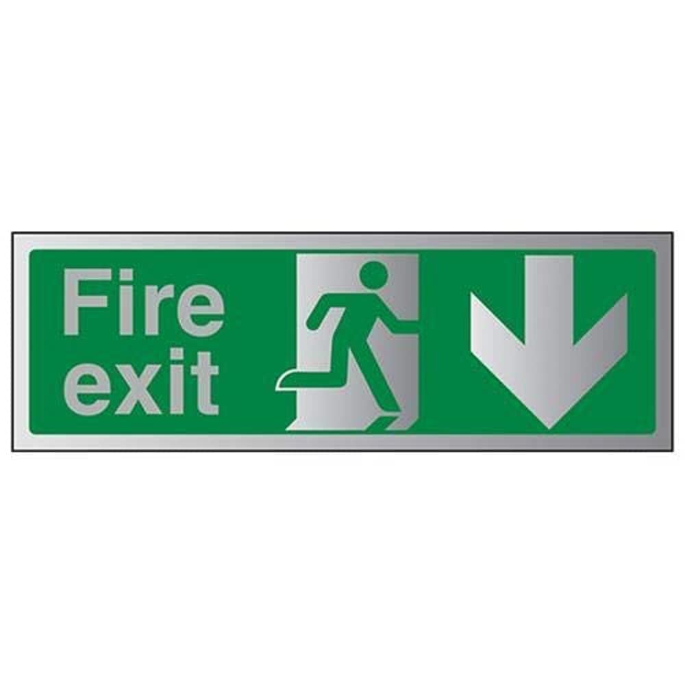 V Safety Fire Exit-Fire Exit Arrow Down Sign - 450mm x 150mm - 3mm Brushed Alu Comp