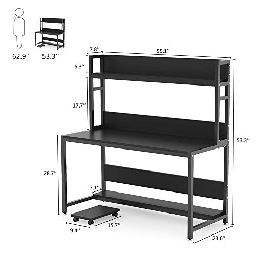 Tribesigns 55" Large Computer Desk with Hutch, Modern Writing Desk with Bookshelf, PC Laptop Study Table Workstation for Home, Black + Black Legs