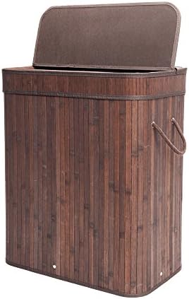 Knocbel Portable Flip-Top Laundry Basket Folding Bamboo Hamper Dirty Clothes Storage with Lid & Removable Cotton Liner (Dark Brown)