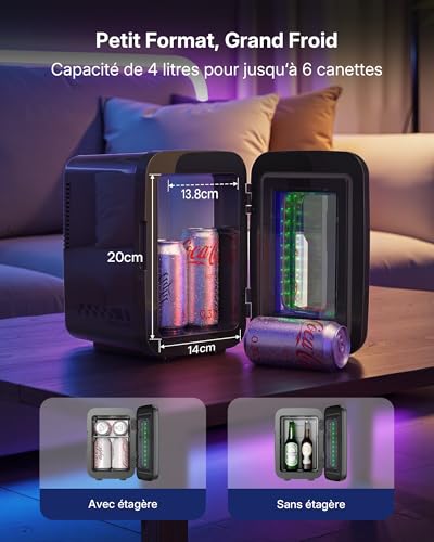 Upstreman Mini Fridge for Bedroom, 4 Liter/6 Cans, Mini Fridge with Infinite Lights, Cooling, 12V/220V, Mini Gaming Fridge for Game Room, Dorm, Car, Black, TR4-S