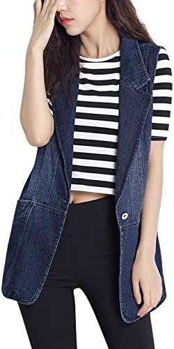 HUPOO Women's Slim fit Jean Vests Buttons Down Ripped Frayed Mid-Long Denim Jacket Waistcoats