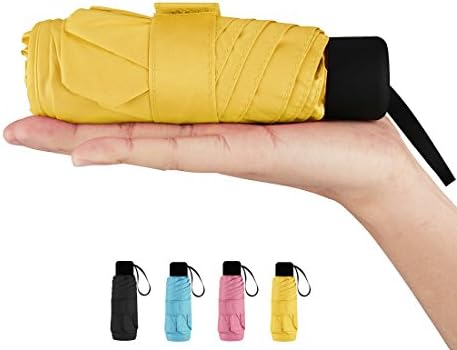 tichiqk Compact Travel Umbrella, Mini Rain&amp; Sun Travel Umbrella with 95% UV Protection, Ultra Lightweight Portable Folding Umbrella with Leather Case (Yellow)