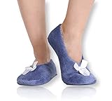 Pembrook Fuzzy Soft Coral Fleece Slippers – Light Blue - Large (9-10.5) – Ballet Style with Non-Skid Sole – Faux Shearling Lining - Great Plush Slip On House Slippers for adults, women, girls