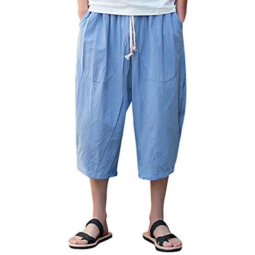 Photno Men's Harem Pants Casual Baggy Cotton Linen Jogger Sports Wide Leg Capri Pant Plus Size - Thumbnail 7