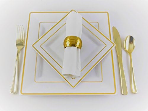 Square White Disposable/Reusable Plastic Plates With Gold Rim 20 Pack-10-9.5'' Dinner + 10-6.5" Dessert/Salad for Wedding Anniversary Christening all Events and Parties
