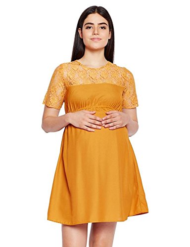 Women's Round Neck Polyester Short Sleeve Maternity A-Line Dress (Yellow)