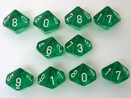 Chessex: d10 Translucent 10 Dice Set: Green and White - Revised