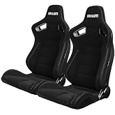 BRAUM Elite Series Racing Seats &ndash; Black Jacquard Fabric with Grey Stitching &ndash; Reclining Seat Set with Carbon Fiber Backing &ndash; Set of 2 (BRR1-BFGS)
