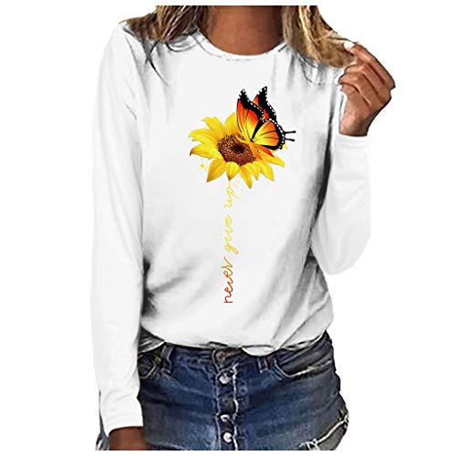 Royallove  Women T-Shirt Casual Summer Long Sleeve Tee Sunflower Print Loose Fit Blouse Tops Shirts for Women White