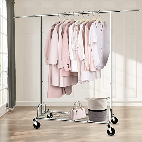 SPECILITE Heavy Duty Clothes Rail 2 in 1 with Wheels and Shelves, Adjustable Metal Coat Rack with Load Capacity of 216 kg