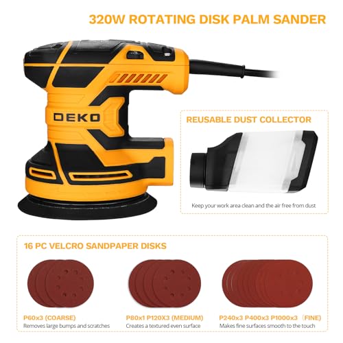 DEKOPRO 300W Orbital Sander, 6 Speed, 14000RPM, 16 Pieces Sandpaper, 125 mm Sanding Pad, Dust Collector, for Wood and Steel Surfaces