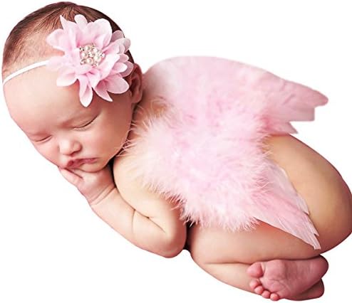 Rebecca online Newborn Baby Feather Angel Wings With Lotus Hairband, Photography Props With Flower Halo Set (Pink)