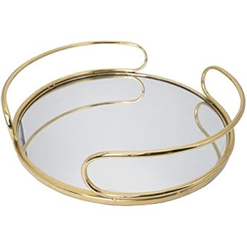 O-Plus Decorative Tray, Gold Metal Mirrored Round Tray with Diameter of 14 Inches (Black/White)