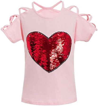 Girl Short Sleeve Heart Shaped Sequin Print T-Shirt Top