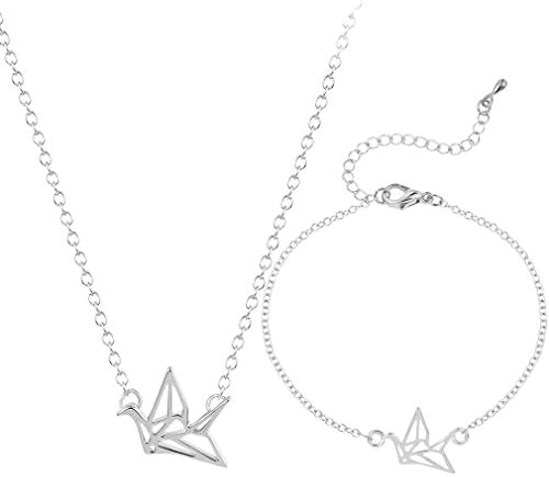 Fashion Origami Crane Necklace Paper Crane Tiny Little Swallow Baby Bird Bracelets Jewelry Sets for women Silver