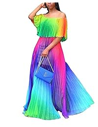 Faldas plisadas de las mujeres de Ophestin Colorido fuera del hombro Casual Tie Dye Vestido largo largo de Boho Beach
