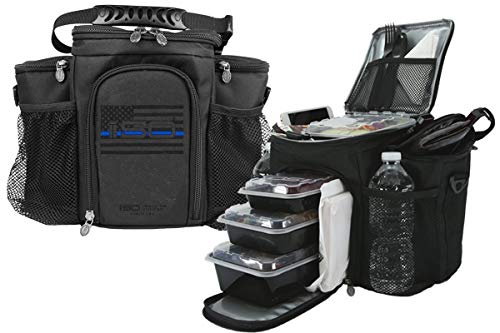 Meal-Prep-Insulated-Lunch-Bag-Isobag-3-Meal-Thin-Blue-Line-4-Fully-Insulated-Compartment-Meal-Management-System-Includes-6-Reusable-BPA-free-Containers-2-Ice-Packs-Padded-Shoulder-Strap