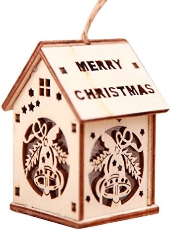 VADOLY LED Luminous Christmas Tree Hanging Ornaments Wooden House with Rope for Indoor Holiday Party Home Christmas Decor