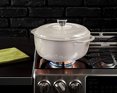Lodge 3 Quart Enameled Cast Iron Dutch Oven with Lid – Dual Handles – Oven Safe up to 500° F or on Stovetop - Use to Marinate, Cook, Bake, Refrigerate and Serve – Oyster White