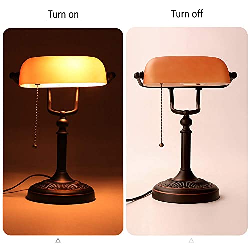 JEUNEU Traditional Bankers Lamp with Pull Chain Plug in Desk lamp with Amber Glass Shade