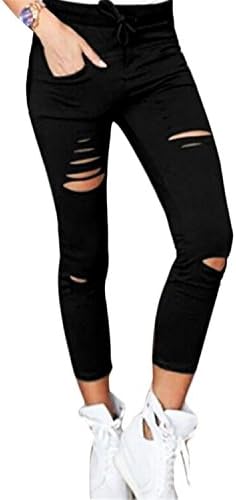 Zachaomero Women Leggings Holes Pencil Stretch Casual Denim Skinny Ripped Pants High Waist Jeans Trousers Black M