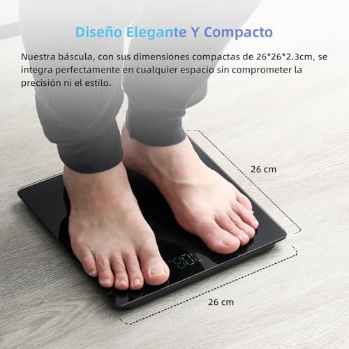 Báscula de baño digital con pantalla LED, Balanza de precisión para peso corporal, Máximo 180kg, Step-on Technology, Diseño fino, Negro