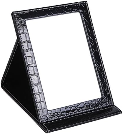 Wujee Folding Vanity Makeup Mirror with Standing - Portable Travel Mirror - PU Leather Desktop Mirror - Compact Pocket Cosmetic Mirror for Home Hotel Office Work Desk (Black Large)