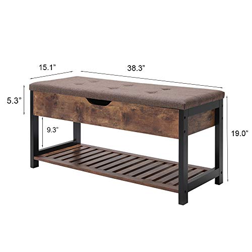usikey Rustic Storage Bench, Shoe Bench with Padded Seat & Storage