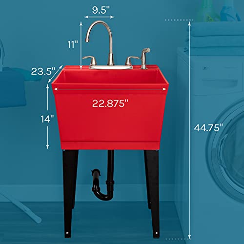 Red Utility Sink Laundry Tub With Stainless Finish Gooseneck Faucet By