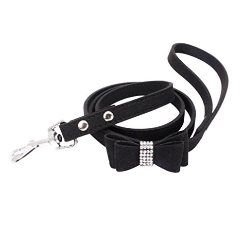 Sunward Dog Harness Leash Genuine Leather Soft Padded Pet Sparkly Rhinestone Vest for Puppy Cat (Leash(Black), 0.59-47.24")