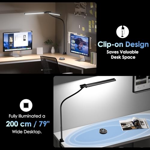 EYOCEAN 24W 80cm Dual Head Clip On Desk Lamp Daylight Desk Lamp with Remote Control Dimmable Monitor Lamp Gooseneck Eye Protection Black