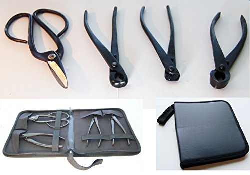 U-nitt 4-pc Bonsai Tool Set Carbon Steel: concave Cutter; Wire Cutter; knob Cutter; Ashinaga Shears: in a Leather Case