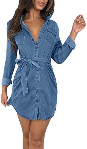 Fashion99 Women Button Down Denim Dress Ladies Belted Jeans Long Top Shirt Dress