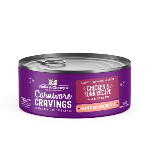 STELLA & CHEWY’S CARNIVORE CRAVINGS MINCED MORSELS CANS – GRAIN FREE, PROTEIN RICH WET CAT FOOD – CAGE-FREE CHICKEN & WILD-CAUGHT TUNA RECIPE – (2.8 OUNCE CANS, CASE OF 12)