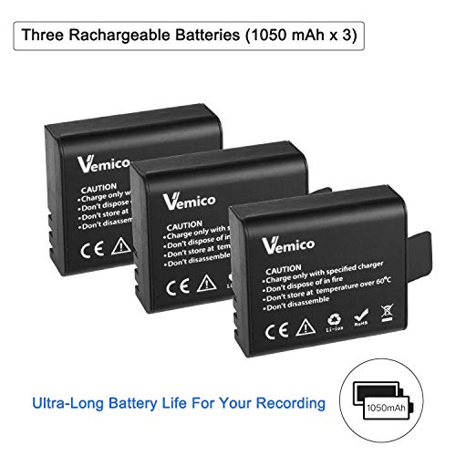 Vemico Action Camera Battery, 3x1050mAh Battery Rechargeable PG 1050 Battery for AKASO/Campark
