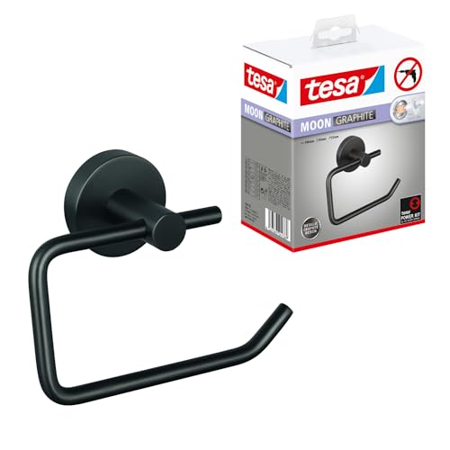 tesa Moon Graphite Toilettenpapierhalter in gebürstetem Grafit - Selbstklebender Rollenhalter ohne Deckel, aus PVD-beschichtetem Metall - ohne Bohren, inkl. Klebelösung - 140mm x 99mm x 53mm