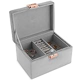 Beautify Velvet Jewelry Box Jewelry Organizer and Storage with Removable Dividers, 2 Layers for Rings, Necklace, Bracelets, Earrings and More - Grey with Rose Gold Clasp